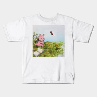 kitten reading in a meadow watercolor illustration Kids T-Shirt